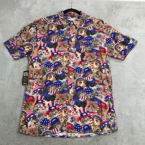 Tipsy Elves Patriotic Cat Short Sleeve Button Down Shirt Size M New